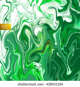 Natural green marble imitation vector texture. Trendy stone backdrop with ocean green and sea blue acrylic drips on white background. Paint waves and vortexes malachite texture. 