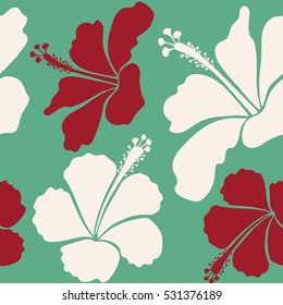 Natural green, neutral and red hibiscus seamless pattern. Seamless floral pattern can be used for wallpaper, website background, wrapping paper. Vector flower concept. Summer design.