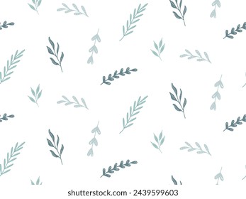 Natural green plants Seamless Pattern. Abstract Branch twig leaves in Scandinavian style. Hand drawn botanical illustration. Floral simple Background for wallpaper, packaging, cover, fabric print