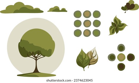Natural green set of nature elements. Simple leaves, tree, clouds and other shapes.