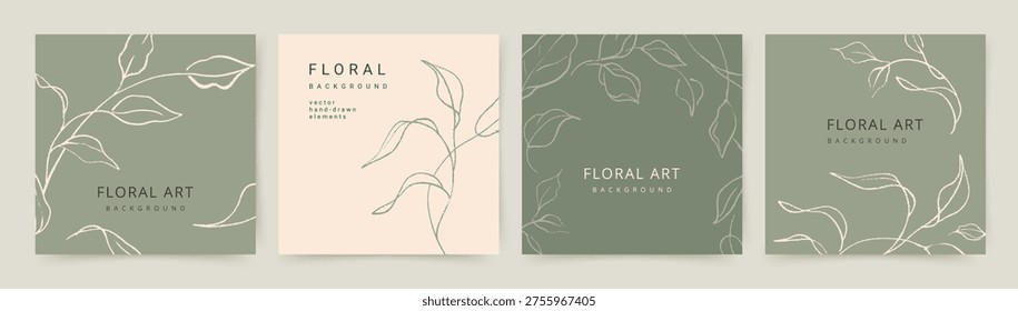 Natural green square backgrounds with sketches of branches and leaves. Vector floral hand drawn line art illustration for card, banner, wedding invitation, social media post, poster, flyer, cover, save the date