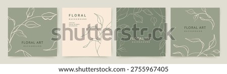Natural green square backgrounds with sketches of branches and leaves. Vector floral hand drawn line art illustration for card, banner, wedding invitation, social media post, poster, flyer, cover, save the date