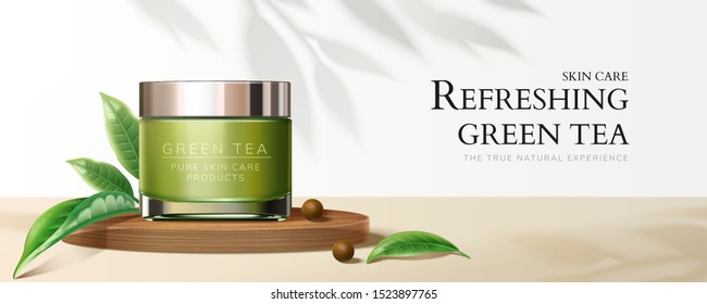 Natural green tea cream jar banner ads with leaves in 3d illustration