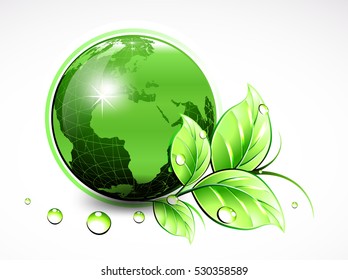 Natural green World with leaves and water drops. Vector illustration