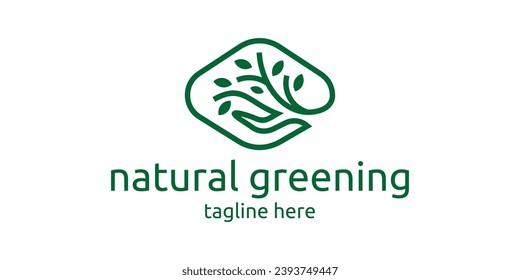 diseño de logotipo de vegetación natural con elementos de la mano y de la planta.