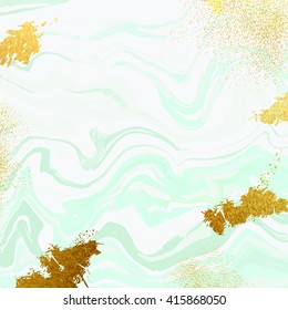 Natural greenmarble imitation vector texture. Trendy backdrop with blue and grey acrylic drips on white background. Paint waves and vortexes stone texture with glitter gold blots and dust.