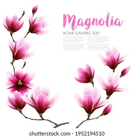 Natural greeting background with pink magnolia flowers. Vector.