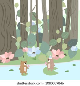 Natural greeting card with flower,bear and leaf