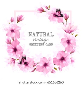 Natural greeting card with pink flowers and butterfly. Vector.