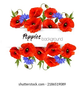 Tarjeta de saludo natural con cachorros rojos y flores azules. Vector.