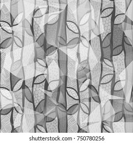 Natural grey color desaturated spring pattern, geometrical and leaf background, magic wood fantasy, surface of water with fallen leaves and sunlight. Vector modern illustration