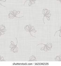 Natural grey french woven linen texture background. Vintage printed leaf motif seamless pattern. Organic yarn close up weave fabric wallpaper. Ecru worn gray rough canvas cloth effect all over print