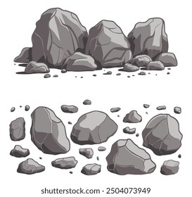 Natural grey rocks and wall stones illustration, representing forests, mountains, and caves with cobblestone elements. Ideal for nature-themed designs.	