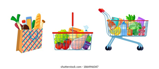 Natural grocery food basket. Trolley, basket, craft package, paper bag with grocery food milk, meat, bread, fruits and vegetables. Fresh goods from the supermarket, online shopping cartoon vector