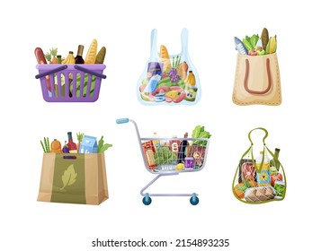 Natural grocery food basket. Trolley, basket, craft package, paper bag with grocery food milk, meat, bread, fruits and vegetables. Fresh goods from the supermarket, online shopping cartoon vector