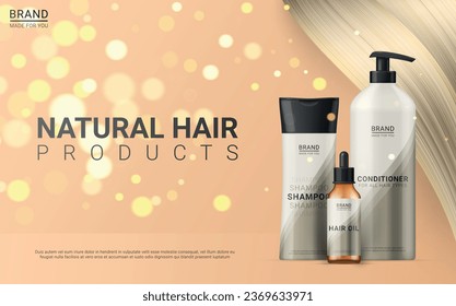 Natural hair cosmetics beauty care product advertising promo banner realistic vector illustration. Professional brand shampoo conditioner oil moisturizing package bottle sparkles placard design