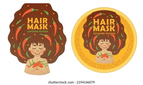 Natural Hair Product Package Design, Cute Woman With Brown Dark Hair Treating With Cayenne Pepper Extract Ingredient Vector Illustration, Organic Cosmetics Round Label, Freah Therapy Mask Collection