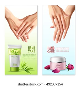 Natural hand creams with plants and rose buds extracts 2 vertical realistic banners with text isolated vector illustration 
