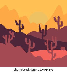 Natural hand drawing background with desert plants. Vector with cactus in desert. Bright repeated texture with pink, yellow and orange colors. Vector.
