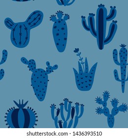 Natural hand drawing background with desert plants. Seamless pattern with cute cactus. Blue tribal kids vector illustration. Bright mexican background.