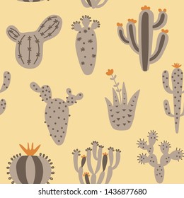 Natural hand drawing background with desert plants. Seamless pattern with cute cactus. Beige tribal kids vector illustration. Bright mexican background.