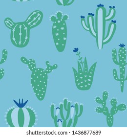 Natural hand drawing background with desert plants. Seamless pattern with cute cactus. Blue and green tribal kids vector illustration. Bright mexican background.
