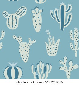 Natural hand drawing background with desert plants. Seamless pattern with cute cactus. Blue tribal kids vector illustration. Bright mexican background.