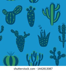 Natural hand drawing background with desert plants. Seamless pattern with cute cactus. Blue tribal kids vector illustration. Bright mexican background.
