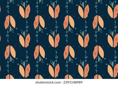 Natural hand drawn seamless pattern on dark blue. drawing with abstract shapes, strokes, flowers and leaves. Simple illustrated modern style. Vector art banner ot seamless pattern.
