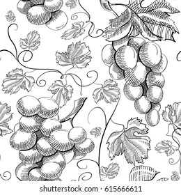 Natural hand drawn seamless pattern with repeating bunch of ripe grapes on white background vector illustration