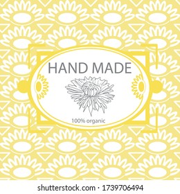 Natural and hand made home cosmetic concept. Pattern, label and logo design template for organic soap packaging. Ornamenatal seamless background with simple decorative and hand drwan elements.Dandelli