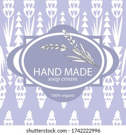 Natural and hand made home cosmetic concept. Pattern, label and logo design template for organic soap packaging. Ornamenatal seamless background with simple decorative and hand drwan elements.Lavender