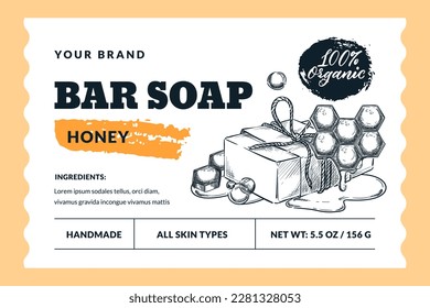 Natural hand made honey soap bar sticker, package label layout. Vector hand drawn sketch soap and honeycomb illustration. Bath and spa badge, banner template and design elements