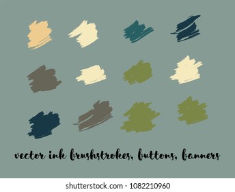 Natural Hand Painted Vector Banner Set. Graffiti Logos, Paint Brush Smears. Trendy Artistic Ads Button, Graffiti Paintbrush Doodles. Nature Hand Drawn Vector Banner Set. Ink Splats and Backgrounds.