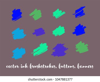 Natural Hand Painted Vector Button Set. Graffiti Logo, Paint Brush Smears. Modern Textured Ads Button, Artistic Paintbrush Doodles. Natural Concept Vector Banner Set. Ink Splats and Backgrounds.
