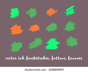 Natural Hand Painted Vector Button Set. Graffiti Logo, Paint Brush Stroke. Trendy Artistic Ads Button, Graffiti Paintbrush Doodles. Natural Concept Vector Banner Set. Ink Splash and Backgrounds