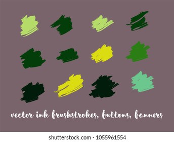 Natural Hand Painted Vector Button Set. Graffiti Logo, Paint Brushstrokes. Modern Textured Ads Buttons, Artistic Paintbrush Doodles. Natural Concept Vector Banner Set. Ink Splats and Backgrounds