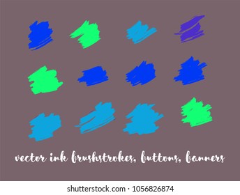 Natural Hand Painted Vector Button Set. Graffiti Logo, Paint Brush Smears. Trendy Artistic Ads Button, Graffiti Paintbrush Doodles. Nature Hand Drawn Vector Banner Set. Ink Splash and Backgrounds