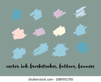 Natural Hand Painted Vector Button Set. Graffiti Logos, Paint Brush Smears. Trendy Artistic Ads Button, Graffiti Paintbrush Doodles. Nature Hand Drawn Vector Banner Set. Ink Splats and Backgrounds
