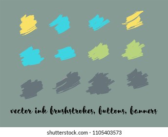 Natural Hand Painted Vector Button Set. Graffiti Logo, Paint Brush Smears. Modern Textured Ads Button, Artistic Paintbrush Doodles. Nature Hand Painted Vector Banner Set. Ink Splash and Backgrounds