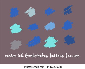 Natural Hand Painted Vector Button Set. Graffiti Logo, Paint Brush Stroke. Modern Textured Ads Buttons, Artistic Paintbrush Doodles. Nature Hand Painted Vector Banner Set. Ink Splash and Backgrounds