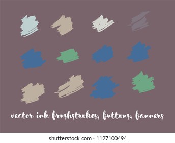 Natural Hand Painted Vector Button Set. Graffiti Logo, Paint Brushstrokes. Modern Textured Ads Buttons, Artistic Paintbrush Doodles. Nature Hand Drawn Vector Banner Set. Ink Splats and Backgrounds.