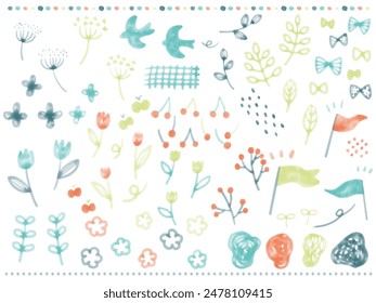 Natural hand-drawn watercolor illustration material set