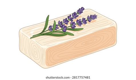 Natural handmade bar of herbal soap topped with a fresh sprig of purple lavender flowers for wellness, spa, and skincare themes.