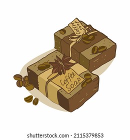 Jabón de café natural hecho a mano. granos de café. Ilustración vectorial. Esbozar imagen.