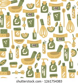 Natural handmade cosmetics vector set. Collection of drawn homemade cosmetics preparation objects.Seamless pattern with different types of bottles and dishes in bright colors. Vector background.