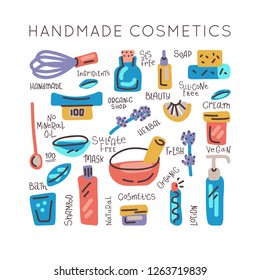 Natural handmade cosmetics vector set. Collection of drawn homemade cosmetics preparation objects collection.