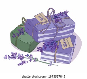 Jabón de lavanda natural hecho a mano. Ilustración vectorial.