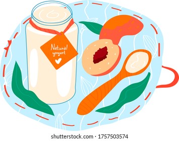 Natural handmade yogurt with peach, glass jar fresh fruit curdled milk isolated on white, cartoon vector illustration. Kitchen stand product with wooden spoon. Eco clean healthy foodstuff.