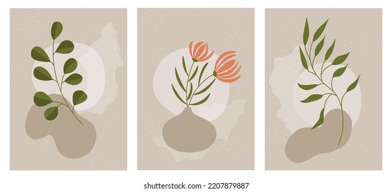 Conjunto de pared vectorial natural pintado a mano. Dibujo artístico, diseño abstracto de arte botánico para la decoración de paredes, impresión, cubiertas, papel pintado, historias en redes sociales.